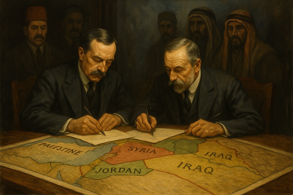 British and French diplomats sit around a large wooden table, secretly signing the Sykes-Picot Agreement.